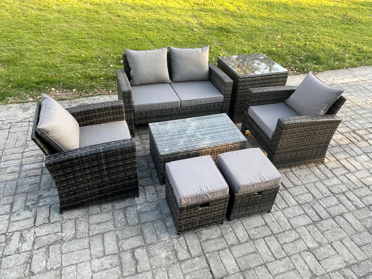 GARTENSOFA mit hoher Rückenlehne Polyrattan Dunkelgrau 9-Sitzer - Dunkelgrau, Metall - Fimous