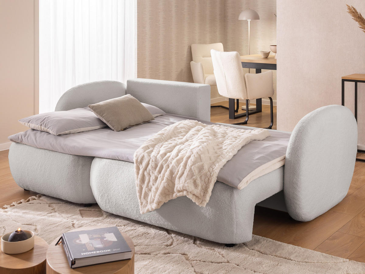 ECKSOFA Candy mit Schlaffunktion Hellgrau Bouclé-Stoff - Ottomane links - Hellgrau/Schwarz, Holz/Kunststoff (230/146cm) - S-Style Möbel