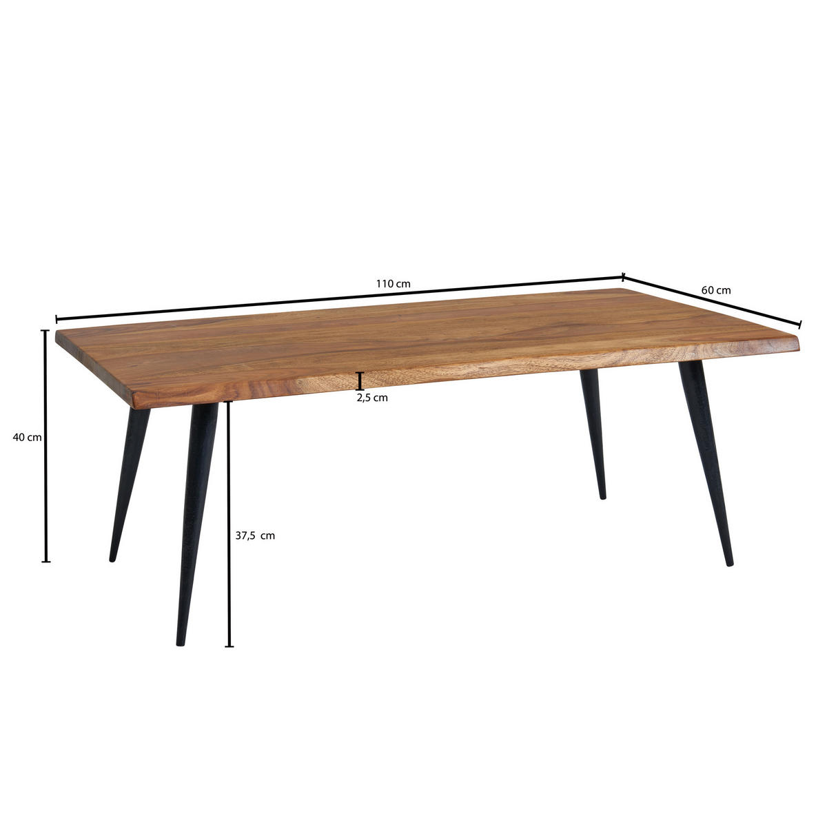 COUCHTISCH Sheesham Massivholz in Natur mit Baumkante und Metallgestell, 110x60x40 cm, Handgefertigt, Schutzlack-beschichtet - Schwarz/Braun, Holz/Metall (60/110/40cm) - KADIMA DESIGN