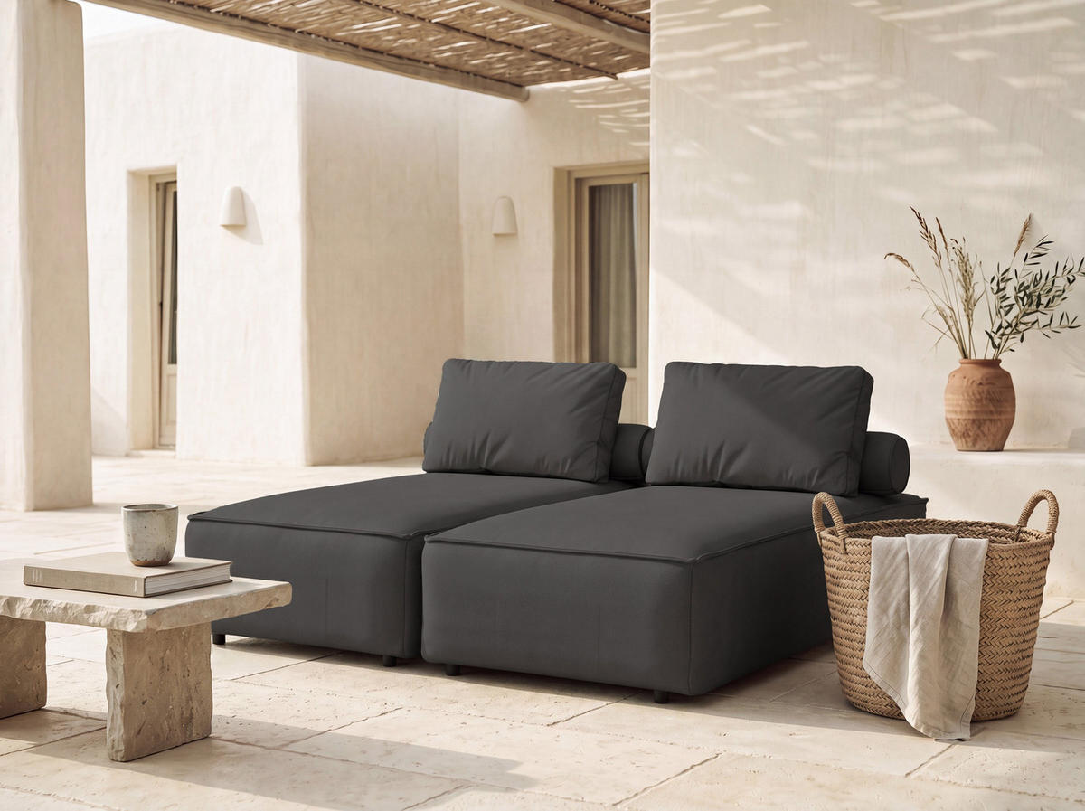 GARTENLIEGE Lorento 2er-Set Outdoor Polster-Doppellliege, Dunkelgrau Kunstleder 184/73/195 cm - Dunkelgrau, Textil (92/73/195cm) - WFL GROUP