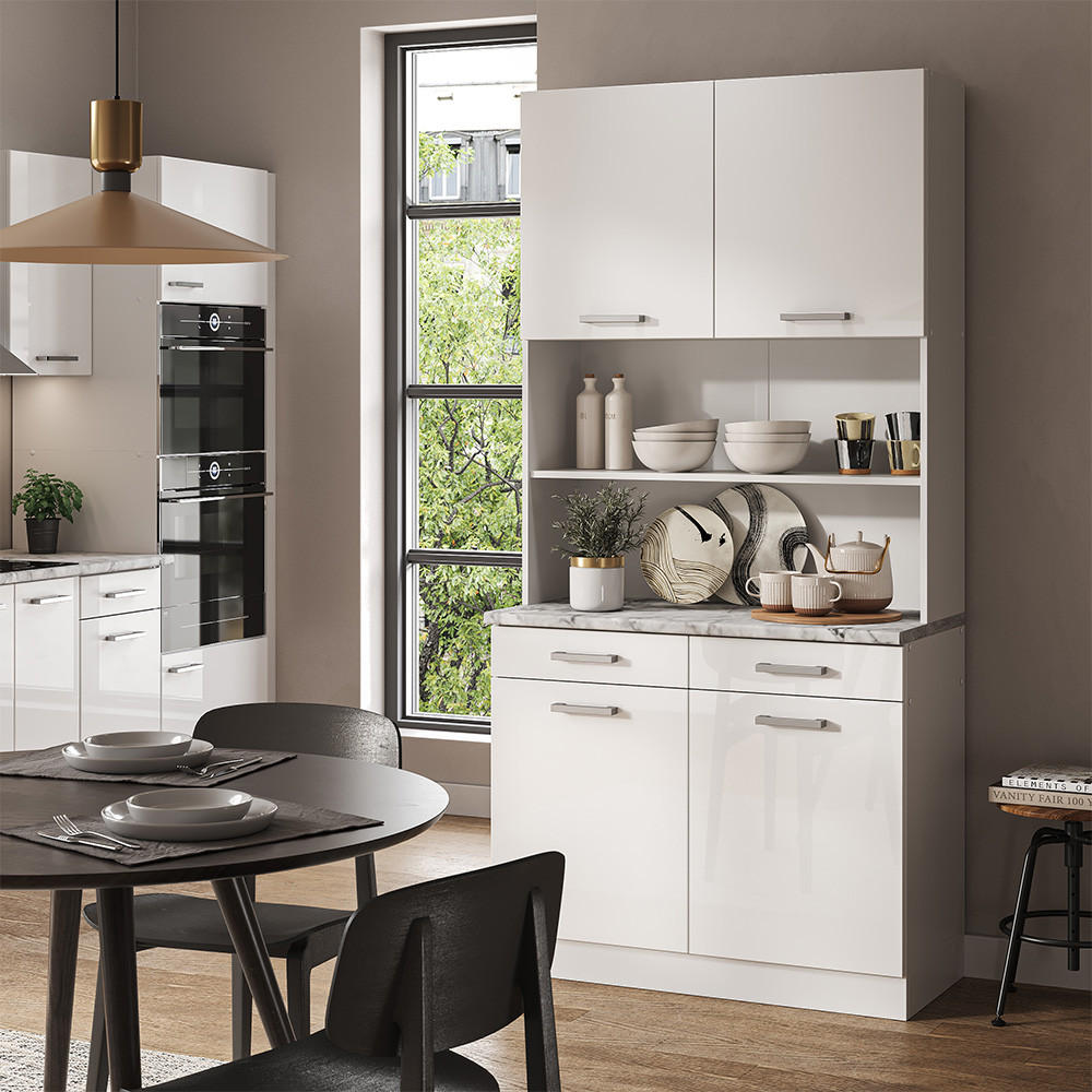 BUFFET R-Line Weiß Hochglanz 100 cm, AP Marmor - Weiß Hochglanz/Weiß, Holzwerkstoff (100/81.6/60cm) - Vicco