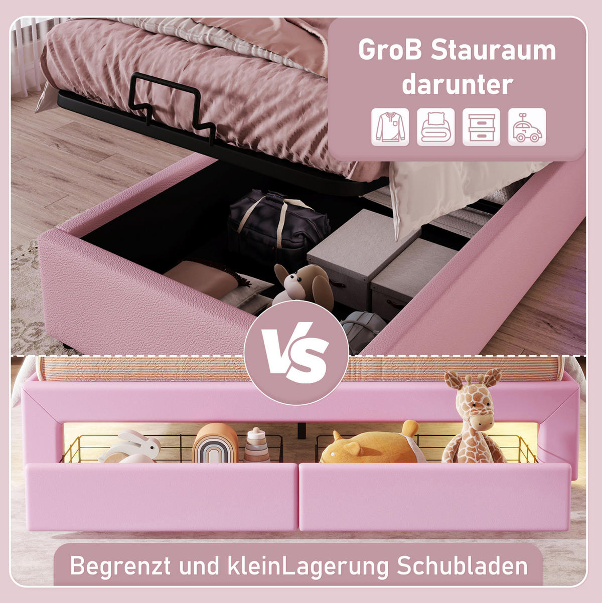POLSTERBETT mit LED-Beleuchtung 90/200 cm in Rosa mit Bettkasten & Lattenrost - Rosa, Kunststoff (90/200cm) - BEAOK