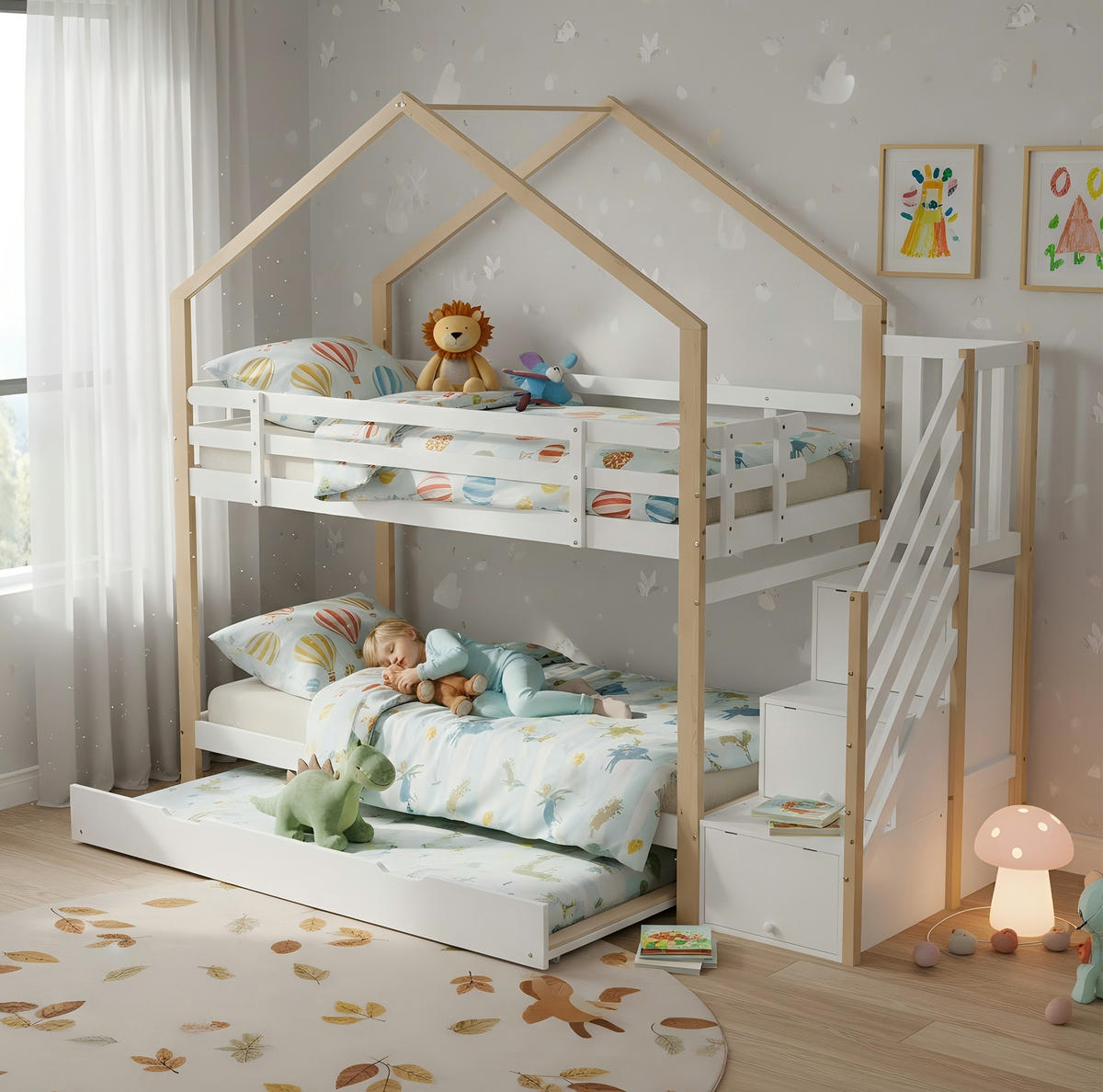 ETAGENBETT 90/200 & 90/190 cm mit Ausziehbett, Treppe mit 4 Schubladen und Absturzsicherung, Natur/Weiß - Weiß, Holz (90/200cm) - Redom