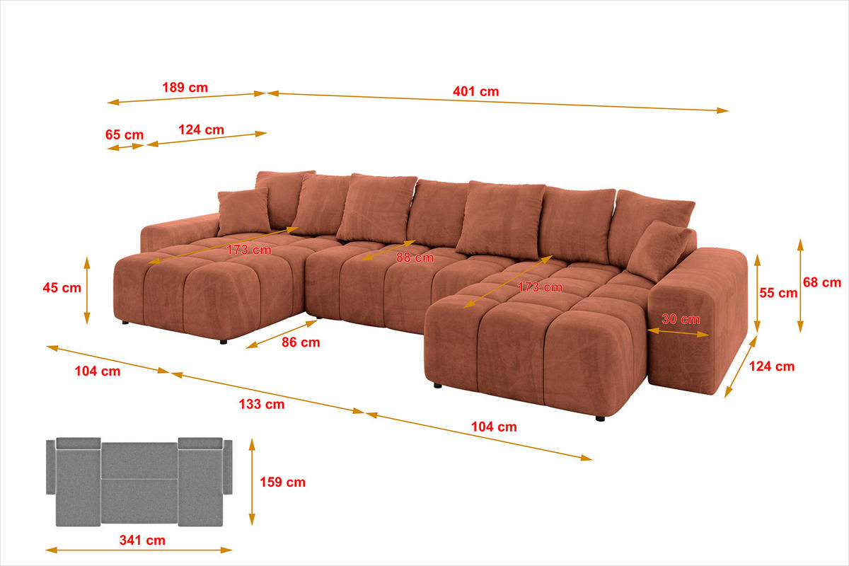 WOHNLANDSCHAFT ENIL-U 401x189x68 Koralle Velours - Koralle, Holzwerkstoff/Kunststoff (401/68/189cm) - ALTDECOR