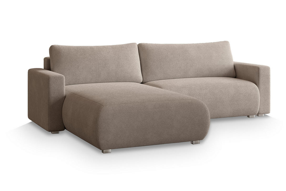 ECKSOFA TURIN N Beige Bucle-Stoff mit Schlaffunktion - Beige, Holz (265/183cm) - MASSENO
