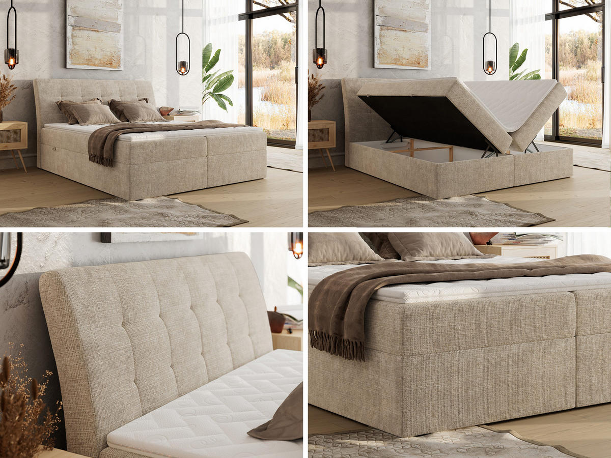 BOXBETT DAGOS 120/200 - Beige Schenille grob gewebt - H3 - Topper Visco - Beige, Textil (120/200cm) - MKS