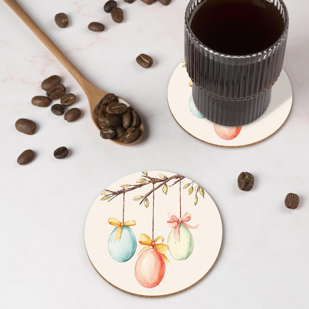 GLASUNTERSETZER Osterkuchen - Schleife - Eier 10x10 cm - Creme, Naturmaterialien (10/0.2cm) - MuchoWow