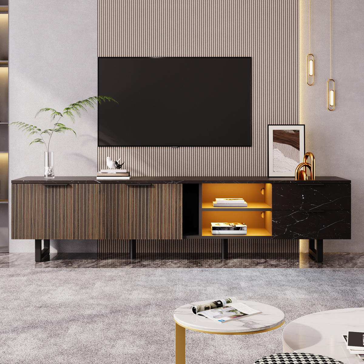 TV-SCHRANK mit schwarzer Marmoroptik, Holzmasertüren und LED 200/38/50 cm - Schwarz, Holzwerkstoff (200/38/50cm) - Redom