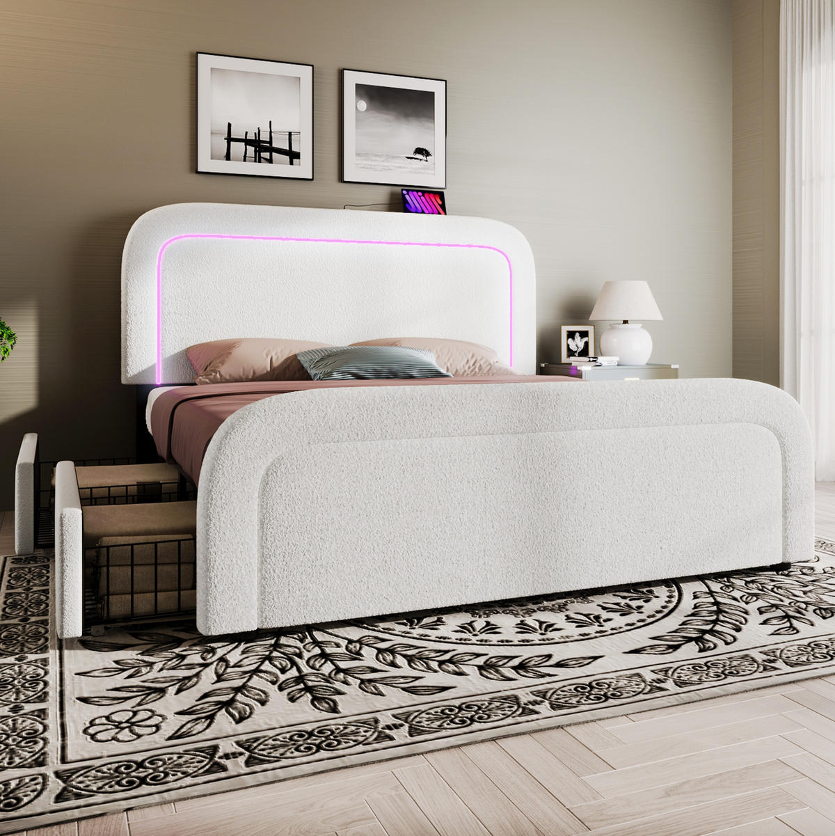 BETT mit LED, USB und 4 Schubladen 160x200 cm Sherpa Weiß - Weiß, Metall (160/200cm) - Meubliv
