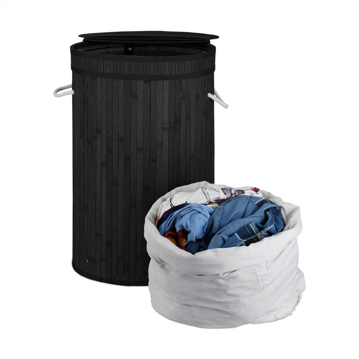 WÄSCHEKORB - Schwarz, Holz/Textil (40/63/40cm) - Relaxdays