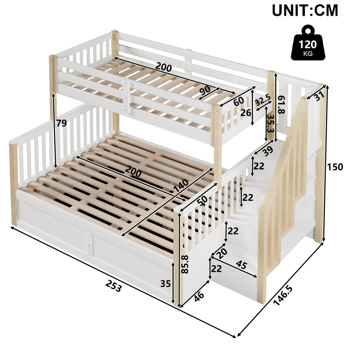 ETAGENBETT aus Kiefernholz 90x200 cm + 140x200 cm Weiß/Natur mit hydraulischem Stauraum und Treppe mit Ablagefächern - Weiß, Holzwerkstoff (90/200cm) - Modfu