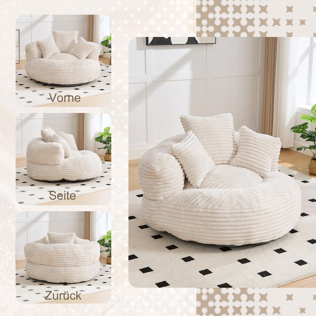 SITZSACK in Chenille mit 3 Kissen - Beige, Textil (108/52/108cm) - Urban Meuble