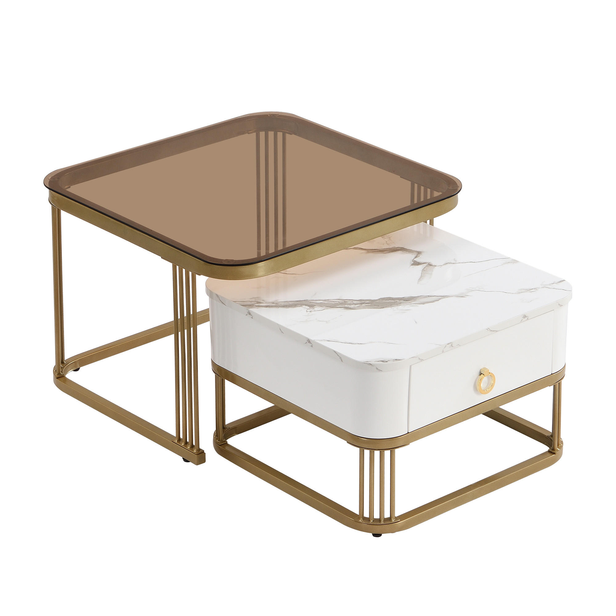 COUCHTISCH Stapelbar 2-tlg Hochglanz Marmoroptik Teebraun Gold Akzente - Weiß, Holz (72/68/26.5cm) - FLIEKS