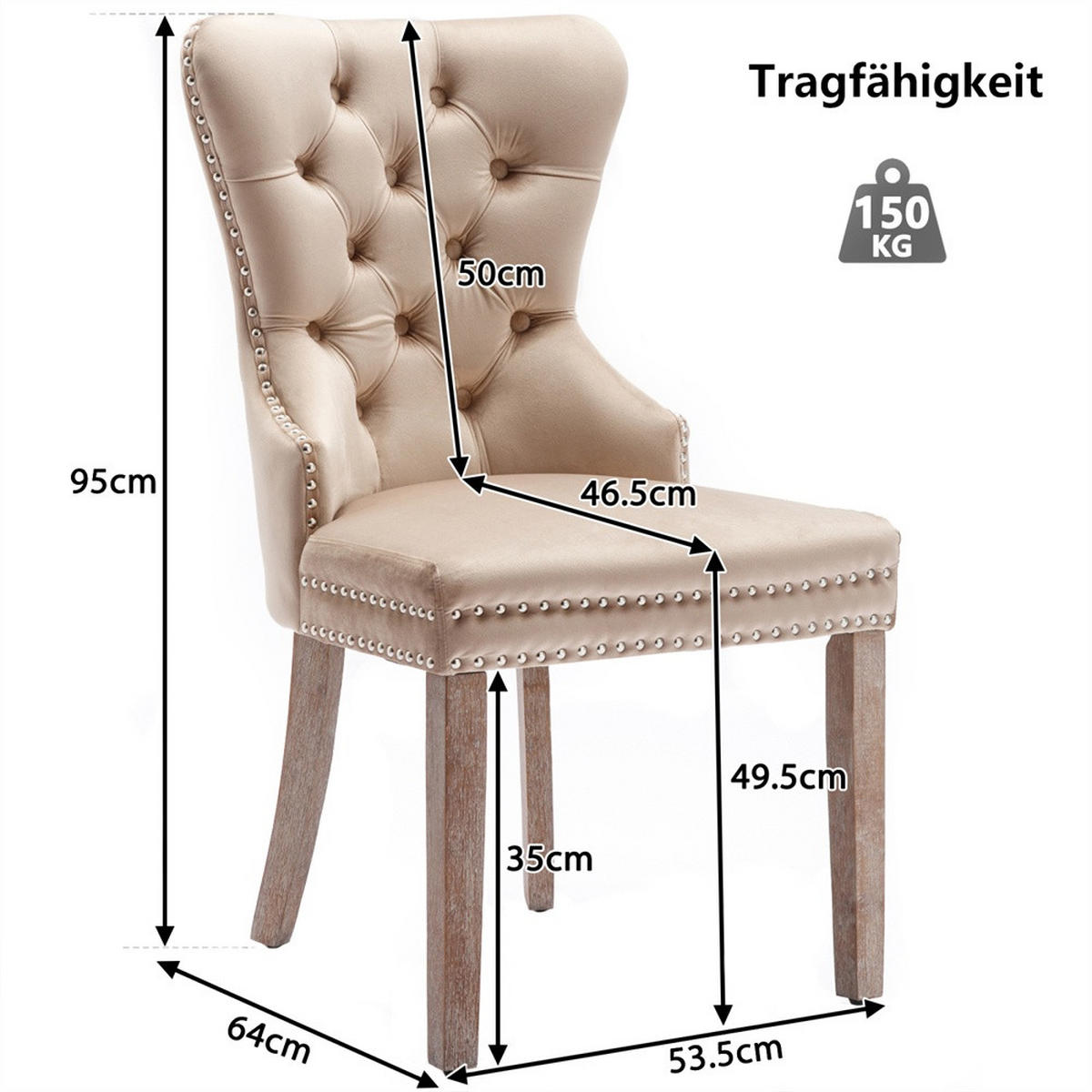 ESSZIMMERSTUHL 2er-Set - Samtbezug mit Knopfheftung, Ziernieten und Griffring - Beige - Beige, Textil (53.5/95/64cm) - DELFA
