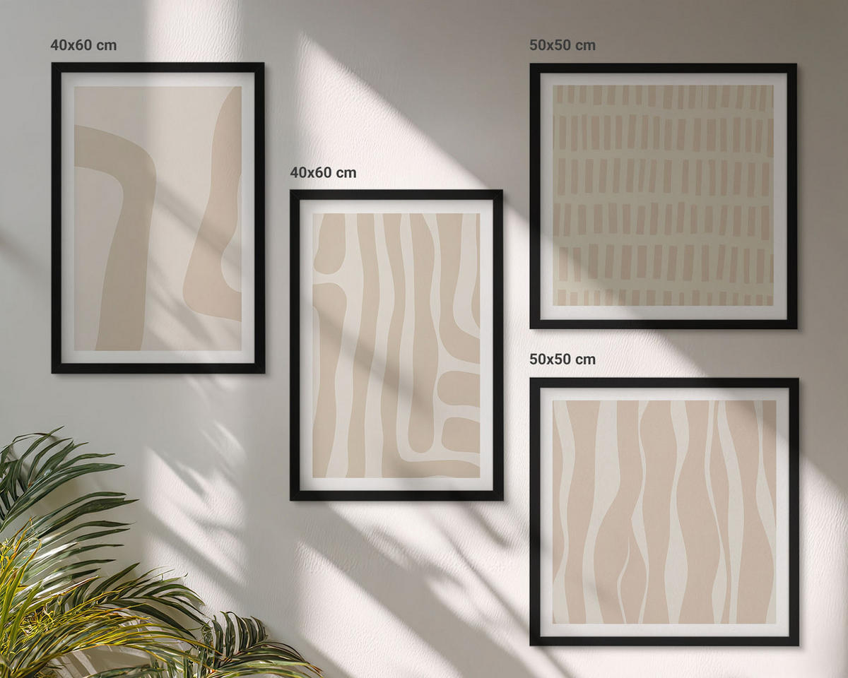 BILDER SET 4er Set - 50x50 cm & 40x60 cm Schwarzer Rahmen - Abstrakte Boho-Musterformen - Schwarz, Kunststoff (50/50cm) - TULUP
