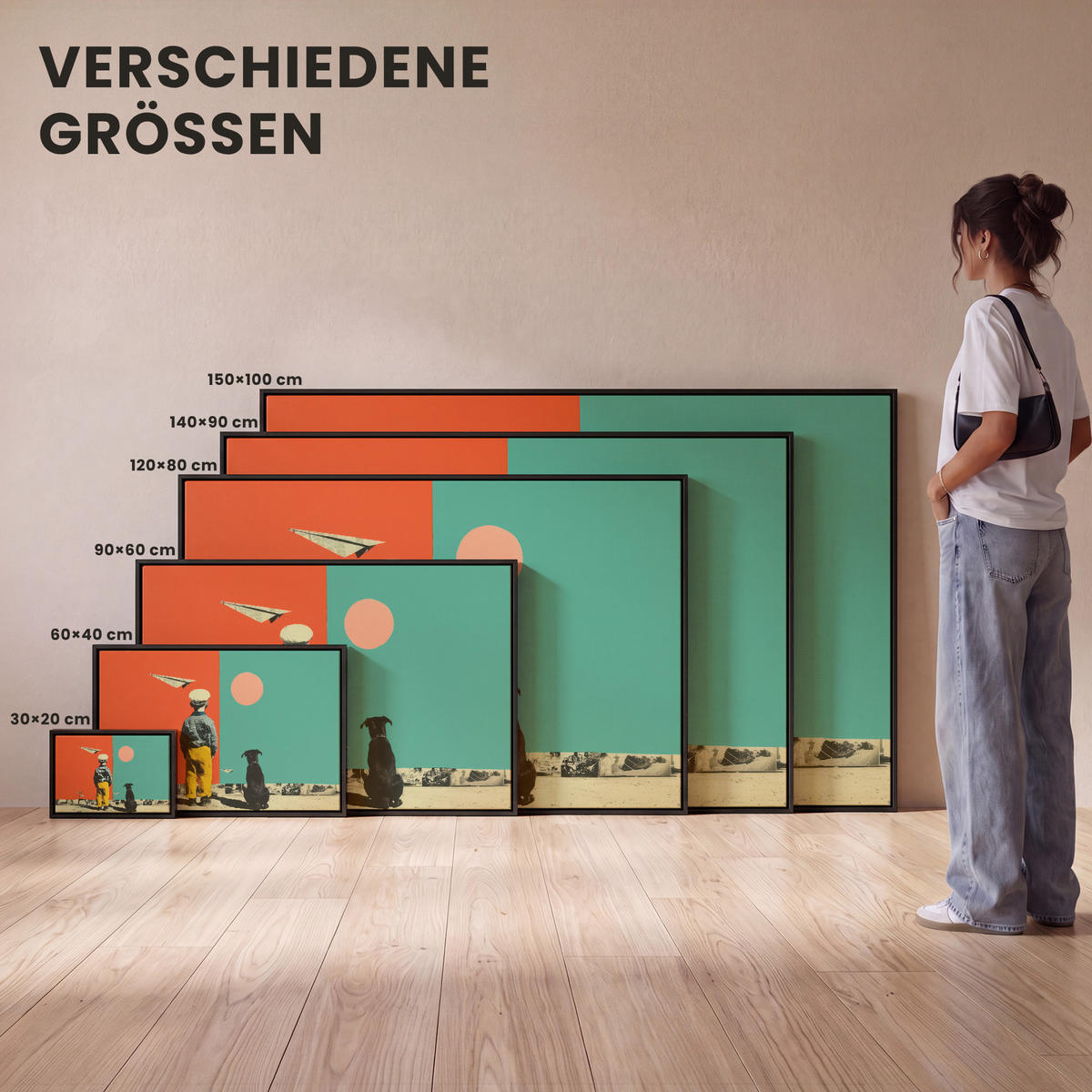 LEINWAND Bilder mit Rahmen - Retro - Junge - Hund - Rot - Grün - 90x60 - Orange, Textil (90/60cm) - MuchoWow