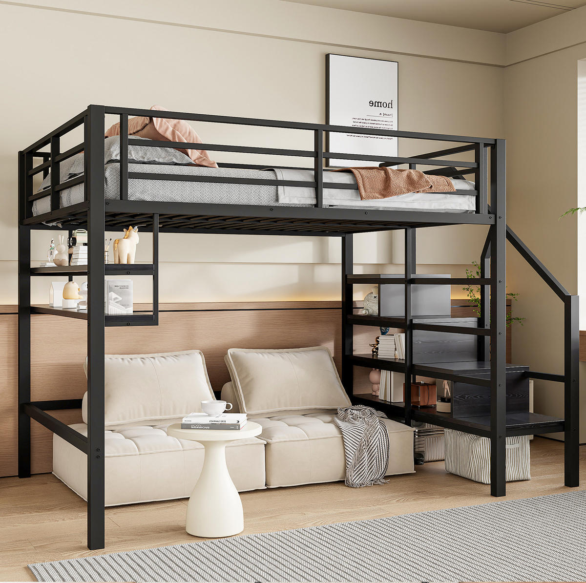 HOCHBETT 140/200 cm Schwarz aus Metall mit Stauraumleiter - Schwarz, Metall (140/200cm) - OKMYHOME