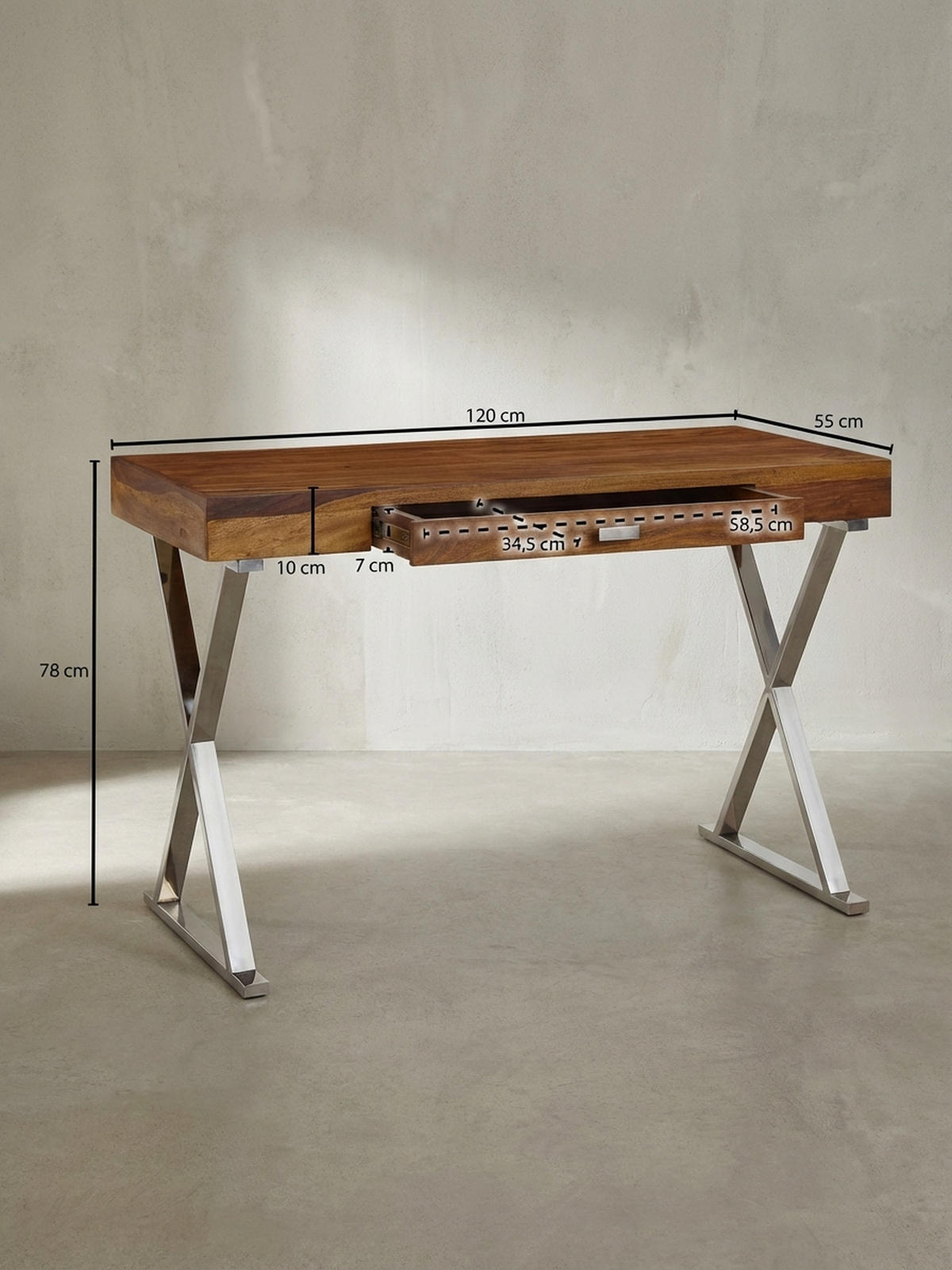 SCHREIBTISCH Massivholz X-Gestell Schublade, Silber 120x55x78 cm - Silberfarben, Holz/Metall (55/120/78cm) - KADIMA DESIGN