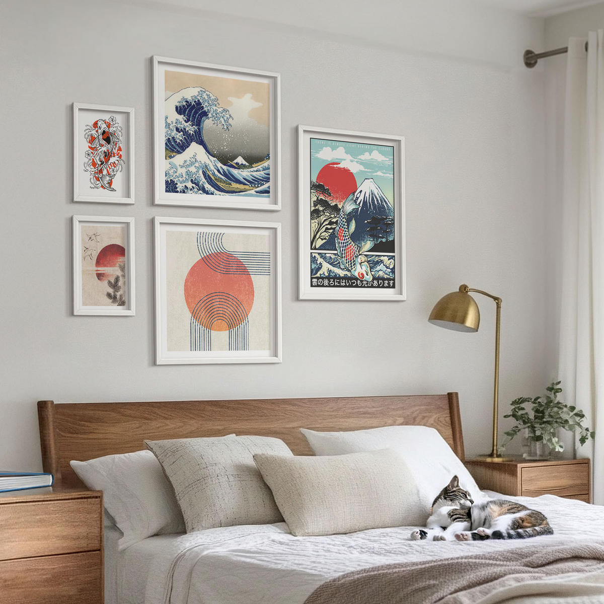 WANDBILDER 5er-Set - 50x50 cm & 20x30 cm & 40x60 cm Weißer Rahmen - Illustrationen von Fischbergen, die sich in Japan ausbreiten - Weiß, Kunststoff (40/60cm) - ArtPrintCave