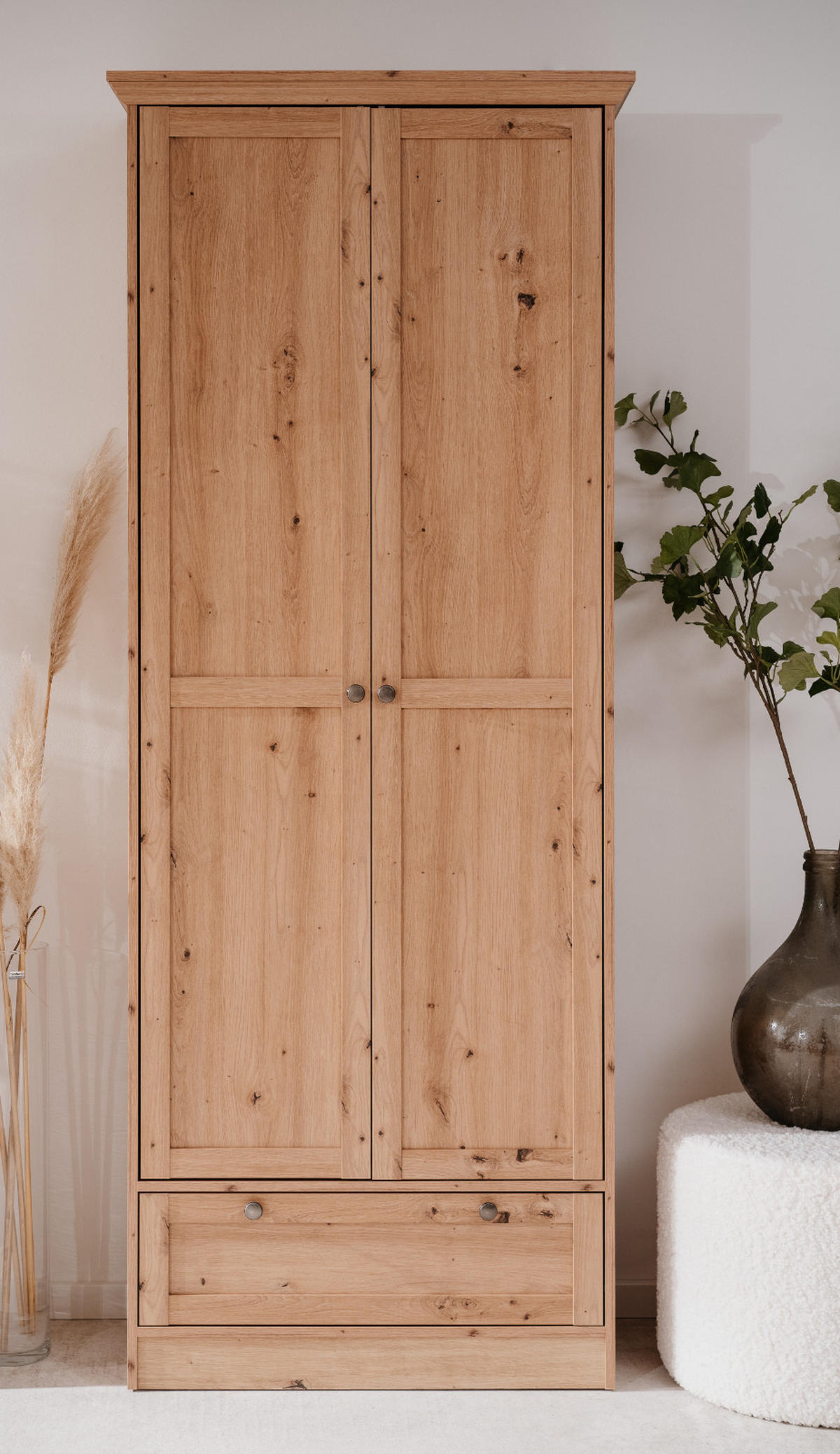 MEHRZWECKSCHRANK Eiche Artisan 80 cm Landhaus, Schrank mit viel Stauraum - Eichefarben/Silberfarben, Holzwerkstoff/Metall (80/200/39cm) - Furn.Design