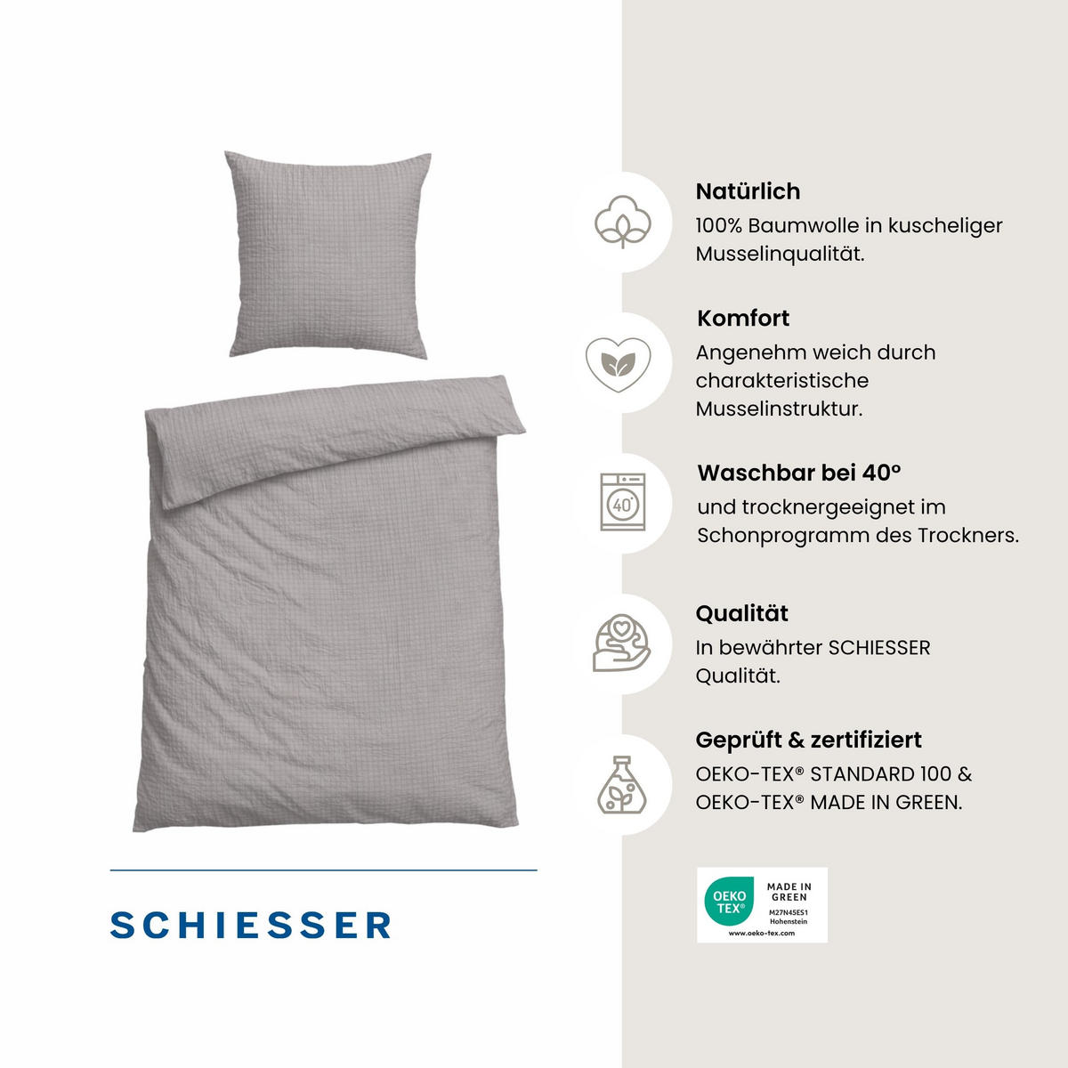 BETTWÄSCHESET Molly - Musselin - 2-teilig - 155x220 cm - Grau - Grau, Textil (155/220cm) - SCHIESSER