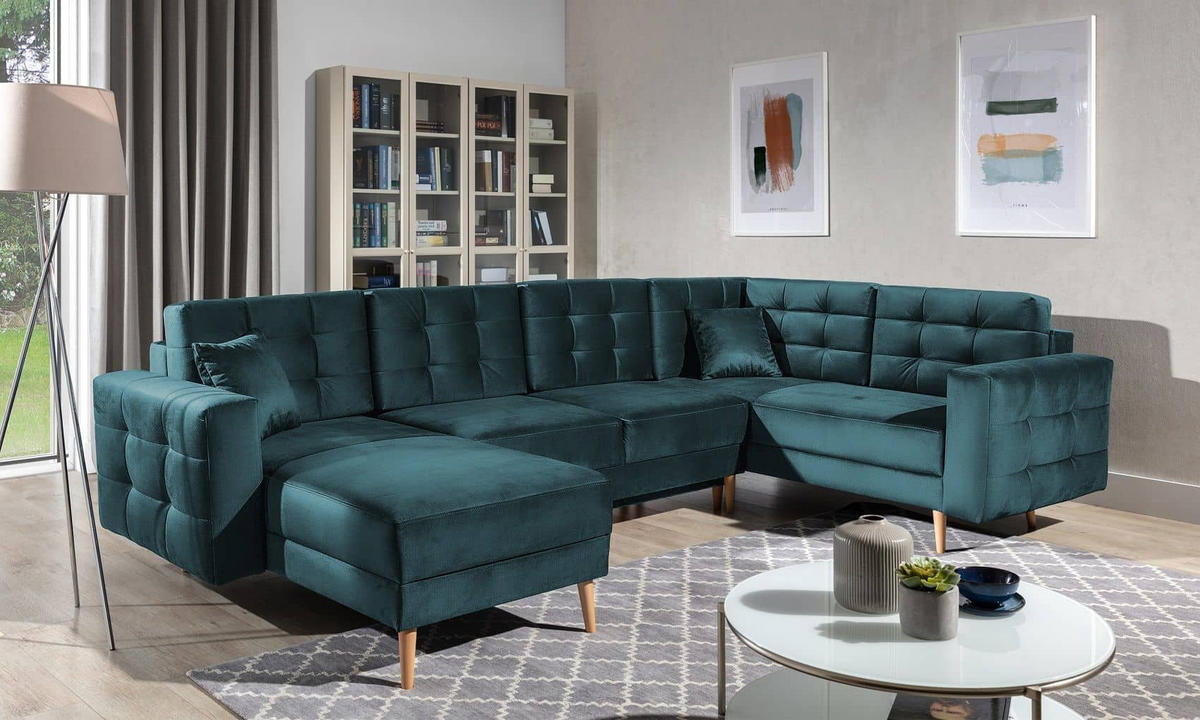 WOHNLANDSCHAFT mit Schlaffunktion, beidseitig montierbar - Pinienfarben/Grün, Holz/Textil (326/92/202cm) - Eltap