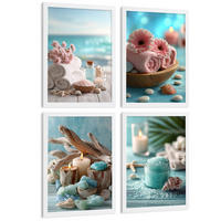POSTER 4er-Set Badezimmer-Wandposter, Strand-Spa-Poster für Waschbecken, Dusche, WC mit Muscheln, Kerzen, Handtüchern und Meersalz Weißer Rahmen A4 - Weiß, Papier (29.7/21/3cm) - Nacnic