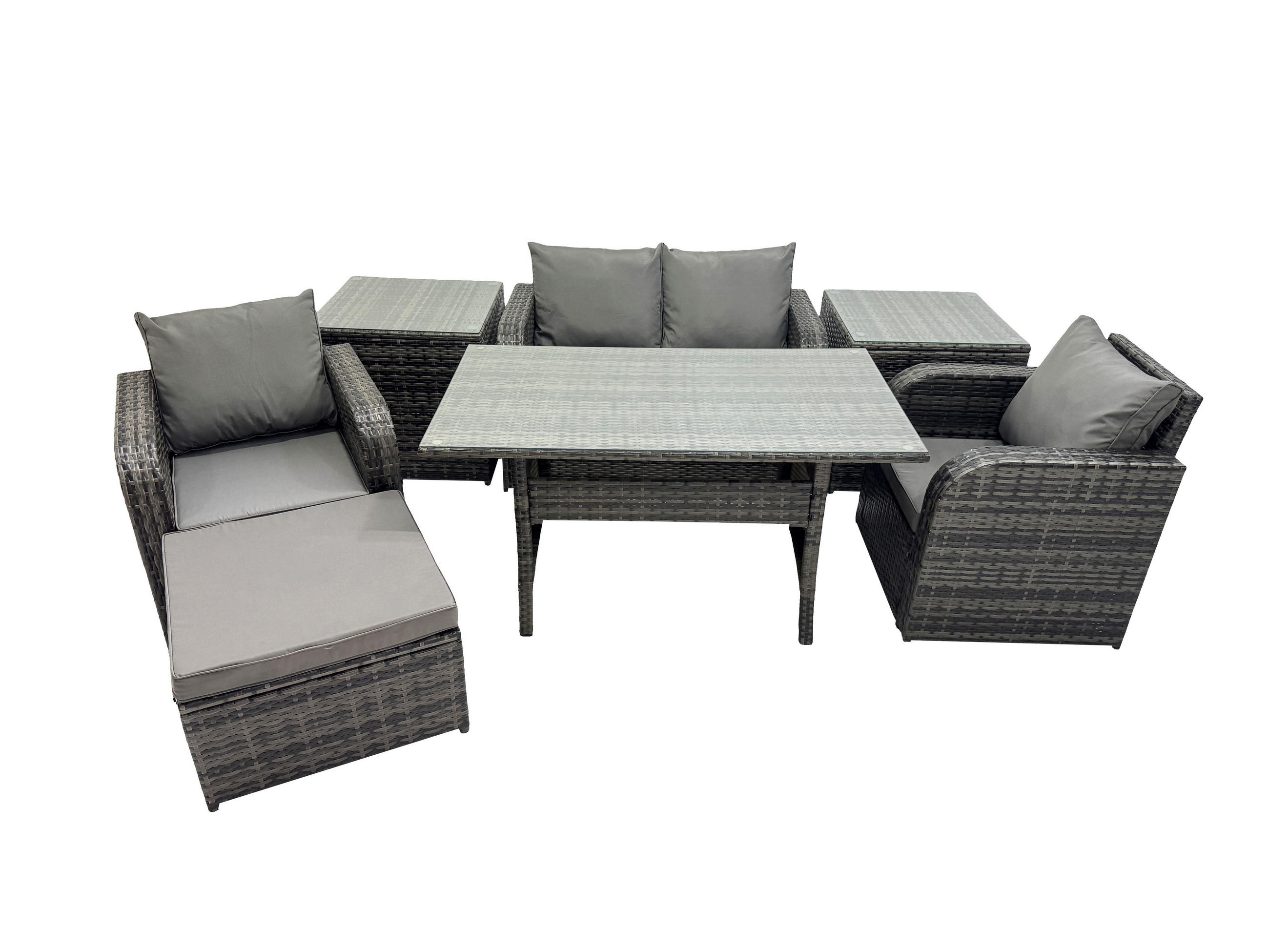 GARTENMÖBEL SET mit Beistelltischen,Zweisitzer Polyrattan 5-Sitzer - Dunkelgrau/Grau, Glas/Kunststoff - Fimous