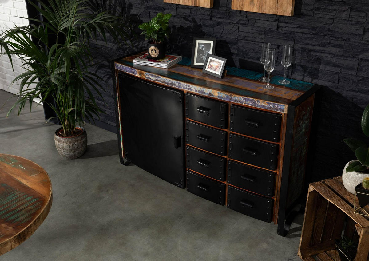 SIDEBOARD Altholz 143x43x90 mehrfarbig lackiert INDUSTRIAL #102 - Multicolor, Holz (143/90/43cm) - Massivmoebel24