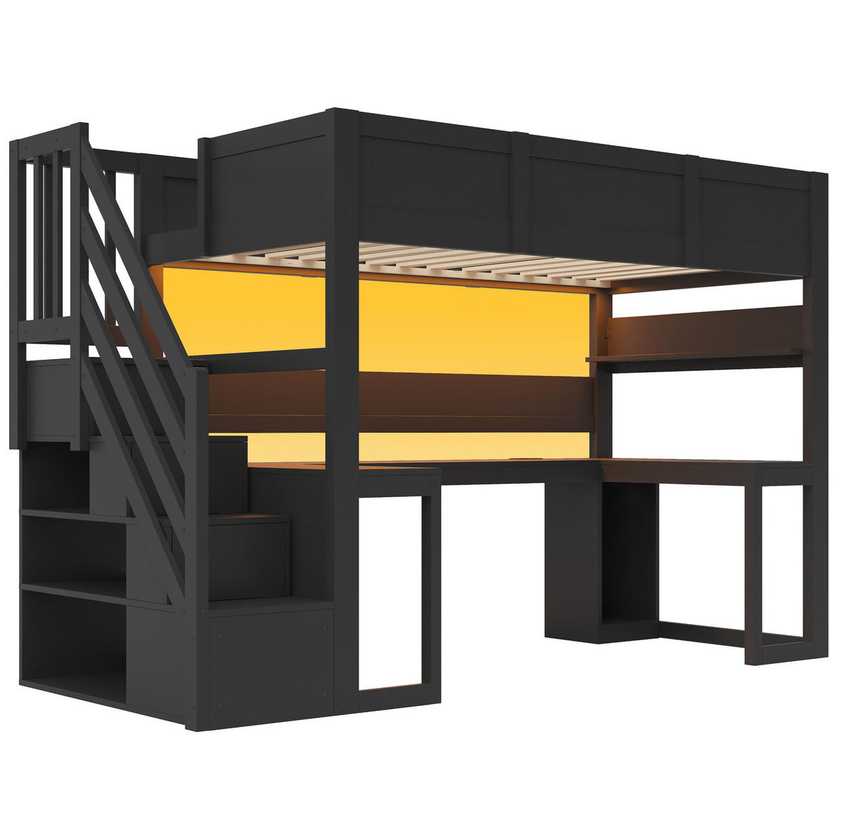 HOCHBETT aus MDF und Sperrholz 90x200 cm Schwarz mit Gaming-Schreibtisch, Stauraumtreppe, LED und USB-Anschluss - Schwarz, Holzwerkstoff (90/200cm) - Modfu