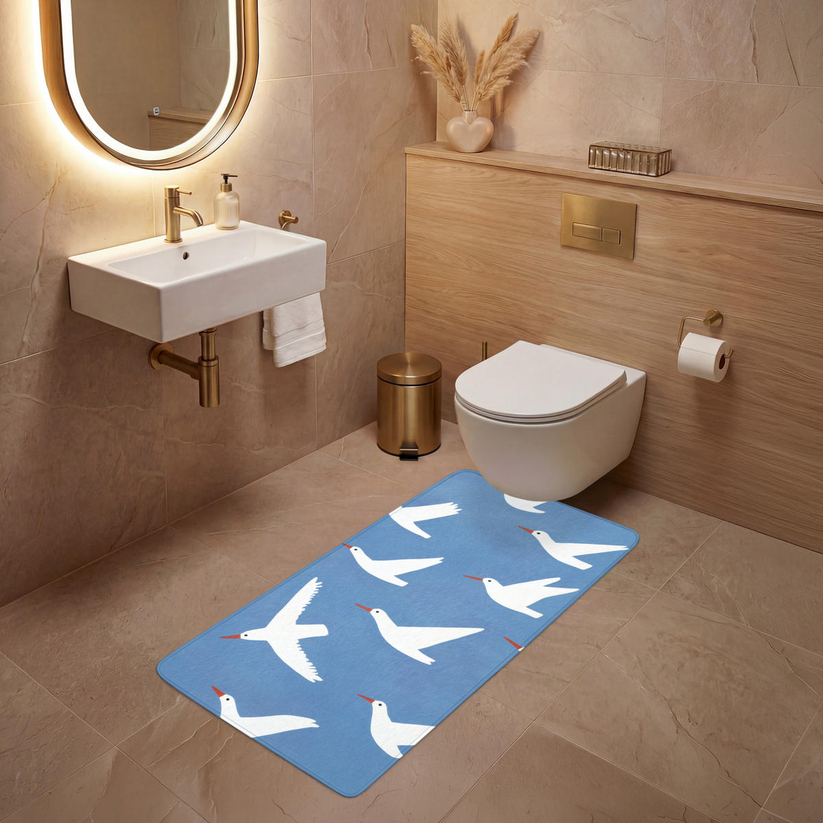 WC PŘEDLOŽKA Ptáci - bílá - vzor 60x120 cm - modrá, textil/plast (60/1cm) - OnlyWow