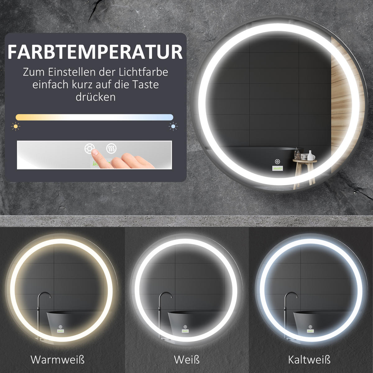 BADEZIMMERSPIEGEL, Ø60cm, mit 3 Lichtfarben, Memory-Funktion, IP44, Schwarz - Schwarz, Glas (60/4/60cm) - Kleankin