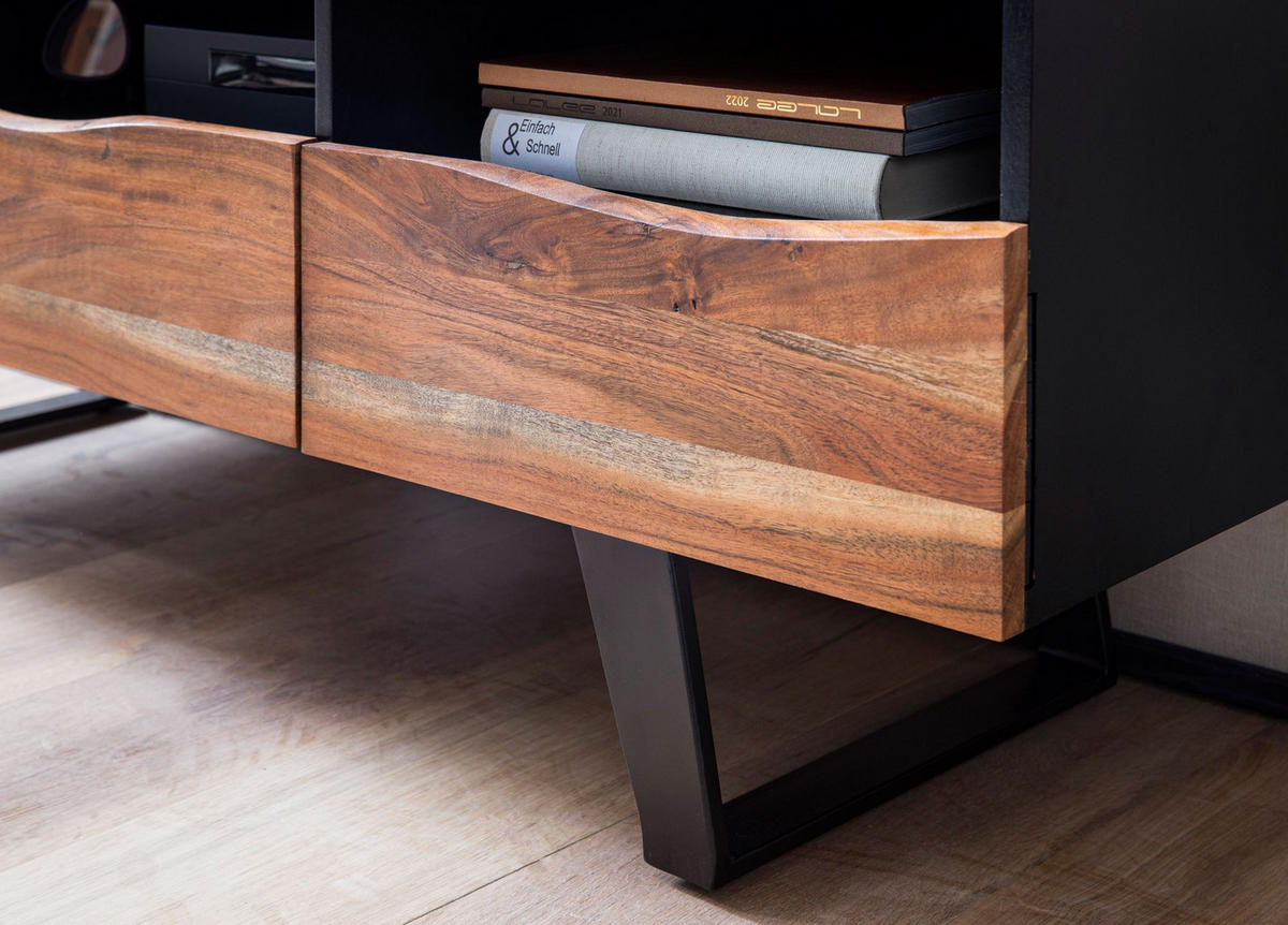 LOWBOARD Akazie Massivholz Modern Stil 140x50x40 cm Baumkante mit Schublade und Türen - Schwarz, Holz/Metall (140/50/40cm) - KADIMA DESIGN