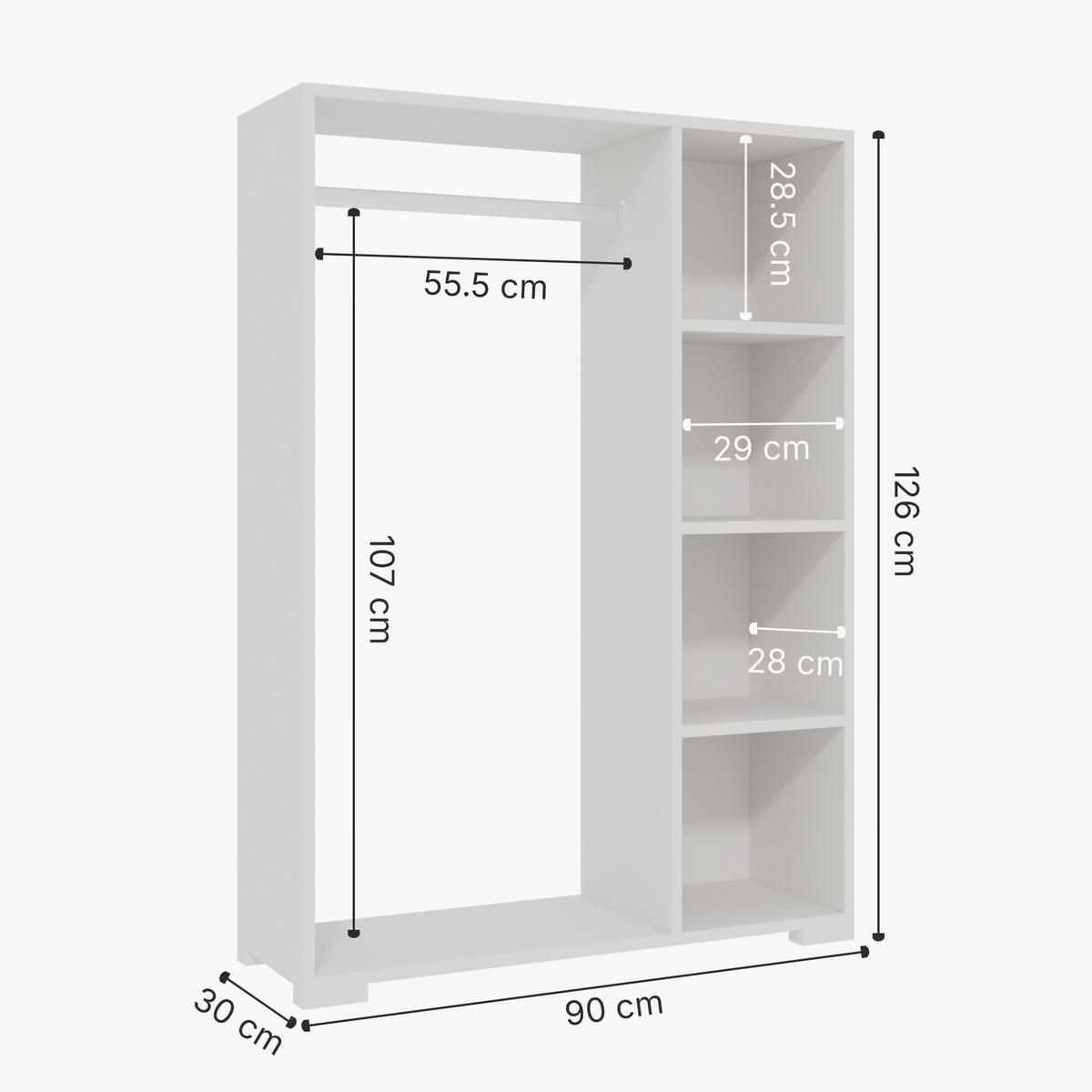 KLEIDERSCHRANK Nesbyen - Weiß, Holzwerkstoff/Kunststoff (90/126/30cm) - [en.casa]