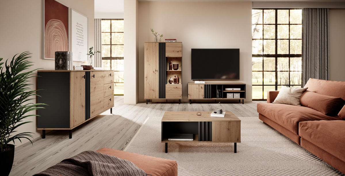 TV-SCHRANK Madis Artisan Eiche, mit Schubladen - Schwarz/Eiche Artisan, Holzwerkstoff (165/49/40cm) - Bettso