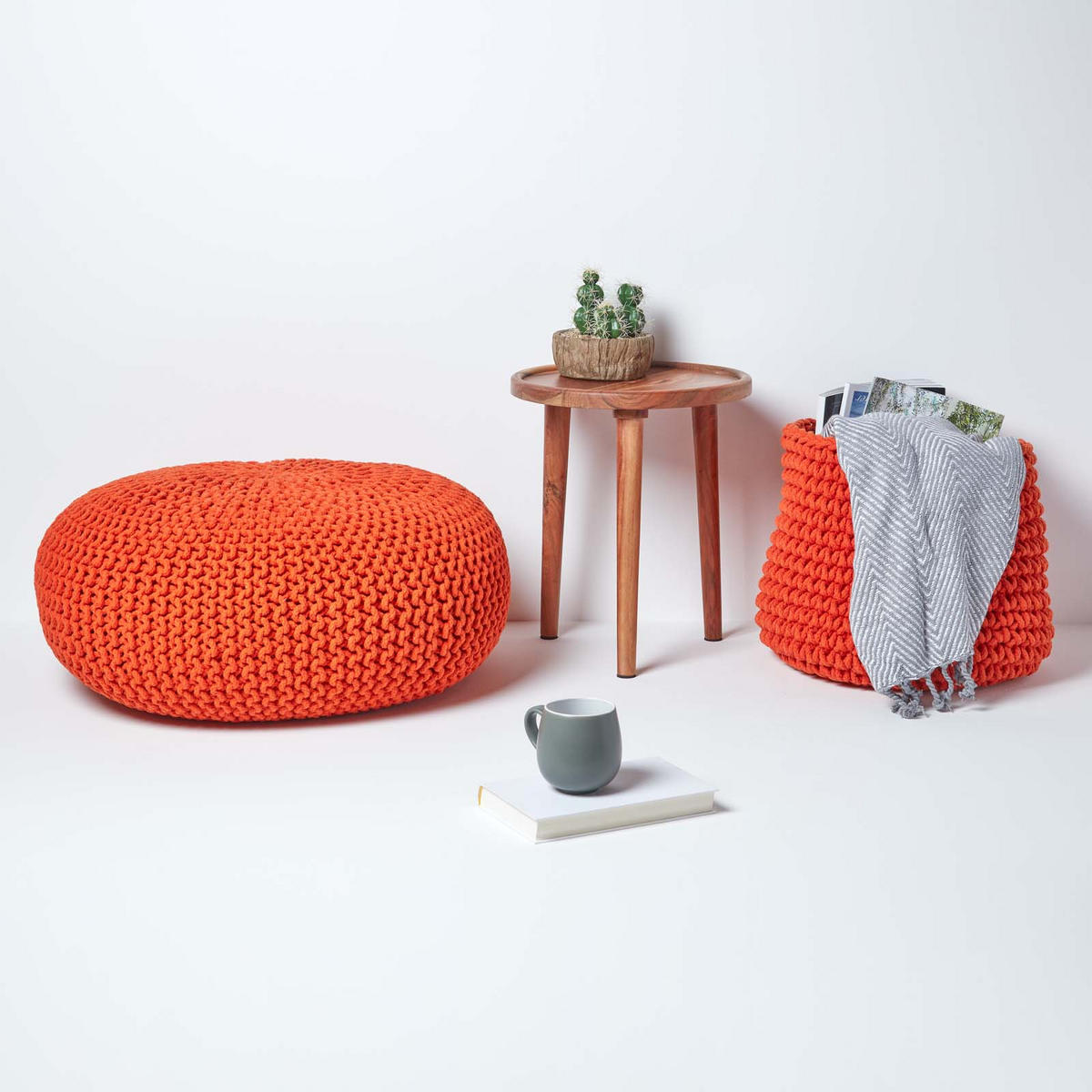 STRICK-POUF orange, Bodenkissen rund 70/70/23 cm - Orange, Textil (70/23/70cm) - Homescapes