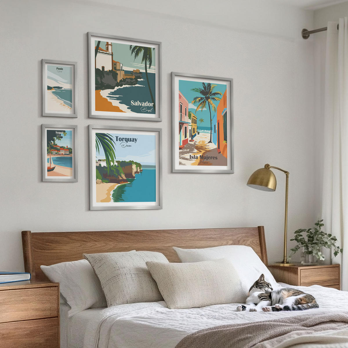 BILDER SET 5er Set - 50x50 cm & 20x30 cm & 40x60 cm Silberner Rahmen - Retro-Ansichten von Städten auf der ganzen Welt - Silberfarben, Kunststoff (40/60cm) - TULUP
