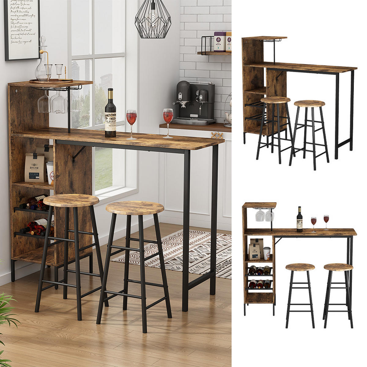 BARTISCH-SET Fyrk Schwarz/Eiche rustikal 121.5 x 40 cm mit 2 Hocker - Wildeiche/Schwarz, Holzwerkstoff (121.5/120/40cm) - Vicco