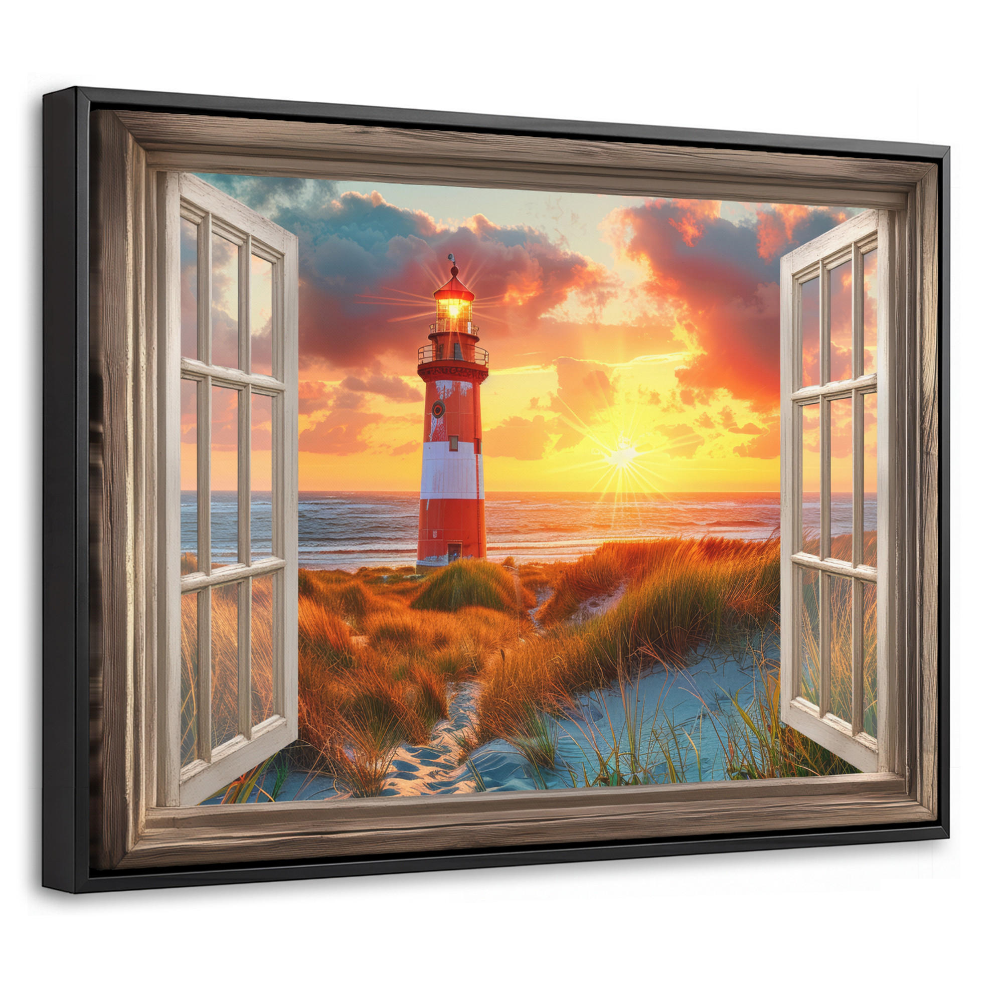 LEINWAND Bilder mit Rahmen - Aussicht - Fenster - Leuchtturm - Sonnenuntergang - Strand - 40x30 - Dunkelorange, Textil (40/30cm) - MuchoWow