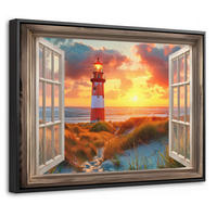 LEINWAND Bilder mit Rahmen - Aussicht - Fenster - Leuchtturm - Sonnenuntergang - Strand - 40x30 - Dunkelorange, Textil (40/30cm) - MuchoWow