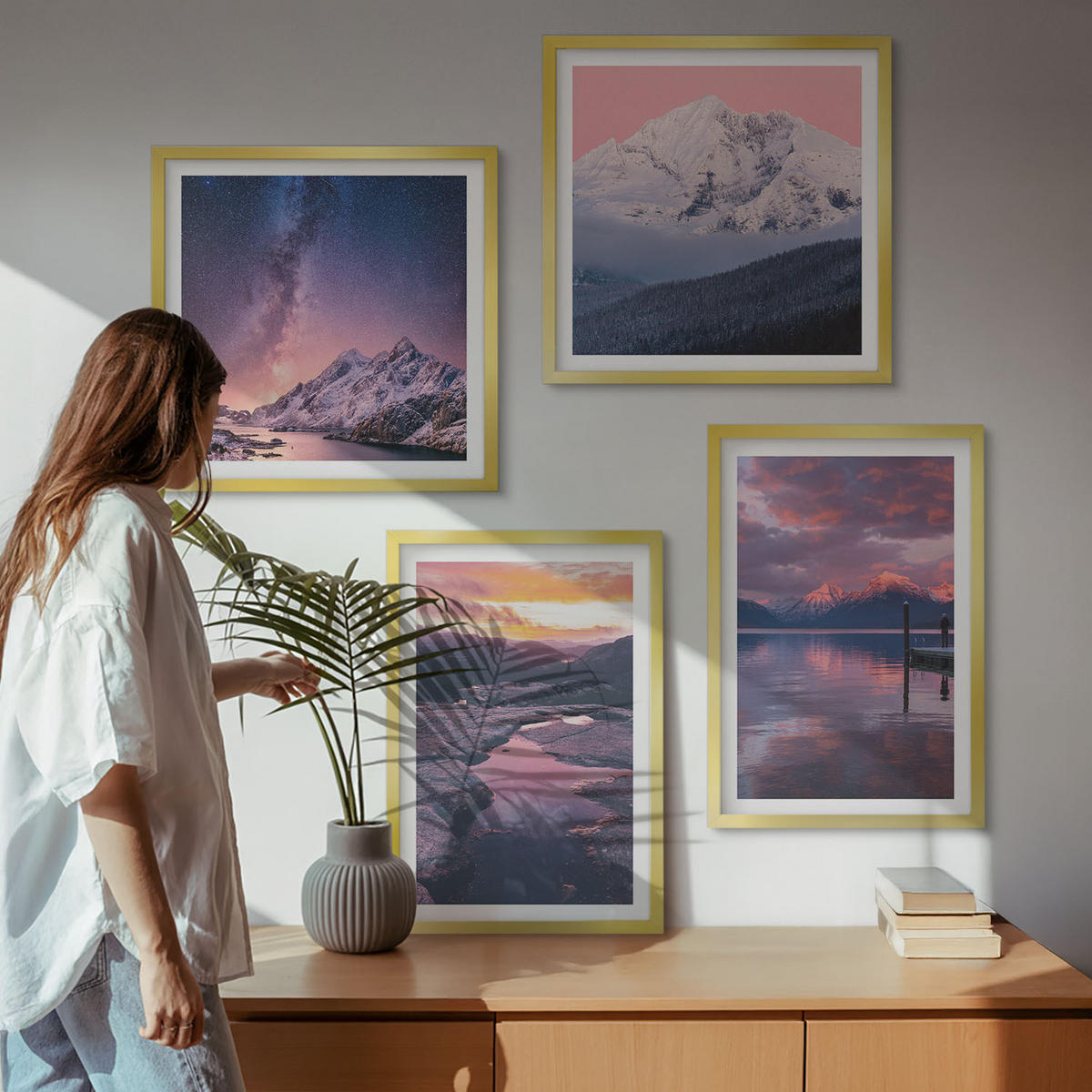 BILDER SET 4er Set - 50x50 cm & 40x60 cm Goldrahmen - Berge, Wasser, wunderschöne Landschaften - Goldfarben, Kunststoff (50/50cm) - TULUP