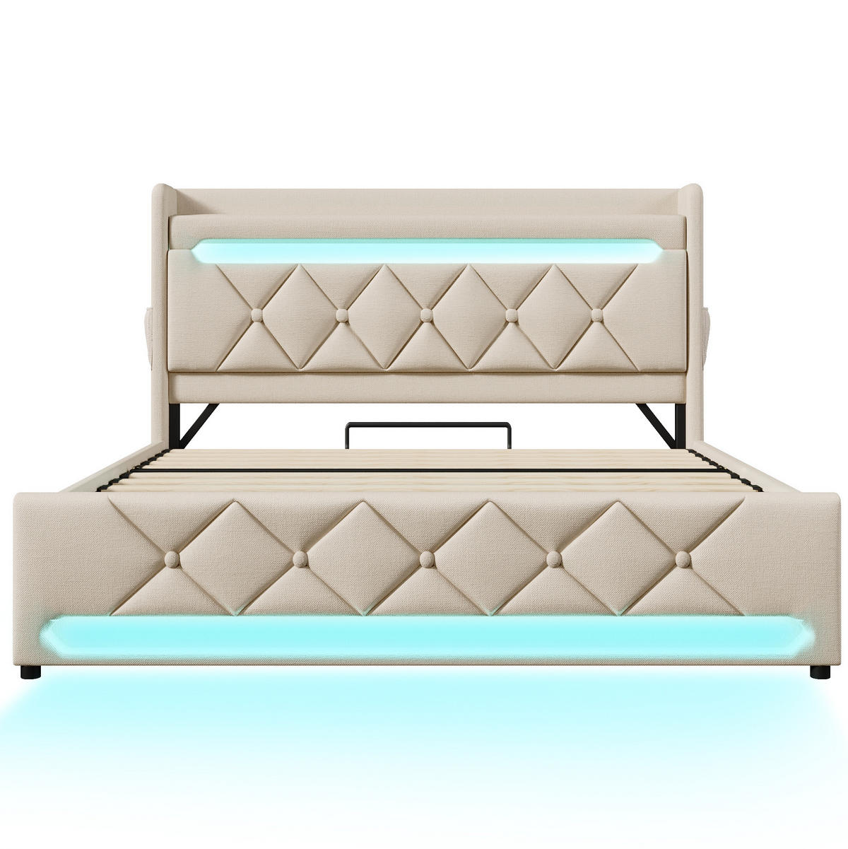 BETT mit LED, USB und Stauraum 140x200 cm Leinen Beige - Beige, Metall (140/200cm) - Meubliv