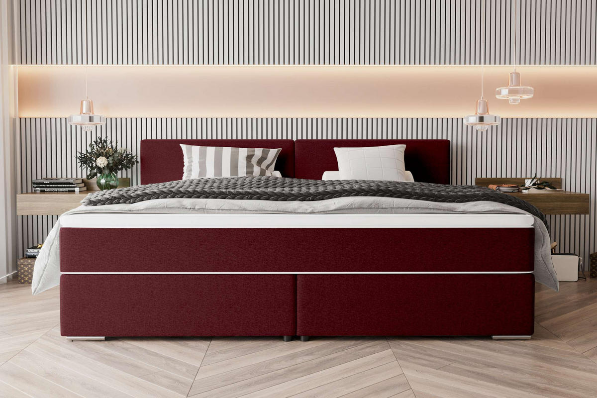 FAMILIENBETT BOXSPRINGBETT Webstoff Bordeaux 220/200 cm - Chromfarben/Bordeaux, Kunststoff/Textil (220/200cm) - 99rooms