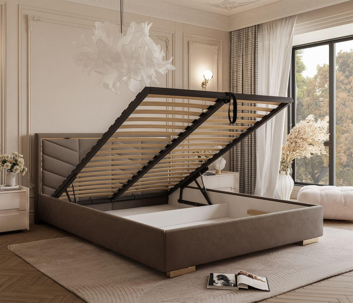 POLSTERBETT AURORA 140x200 mit Bettkasten Jasmine 28 - Braun, Textil (140/200cm) - Lookway
