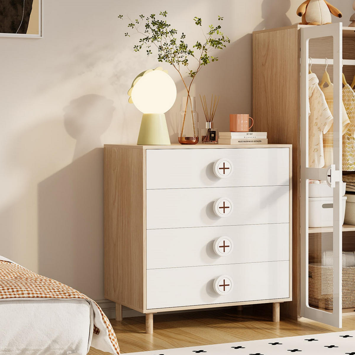 KINDER-NACHTTISCH in Weiß Schlafzimmerkommode mit Schubladen und Stützen für Schlafzimmer, B80/T54/H90cm - Naturfarben/Weiß, Holzwerkstoff (80/90/54cm) - STILVORA