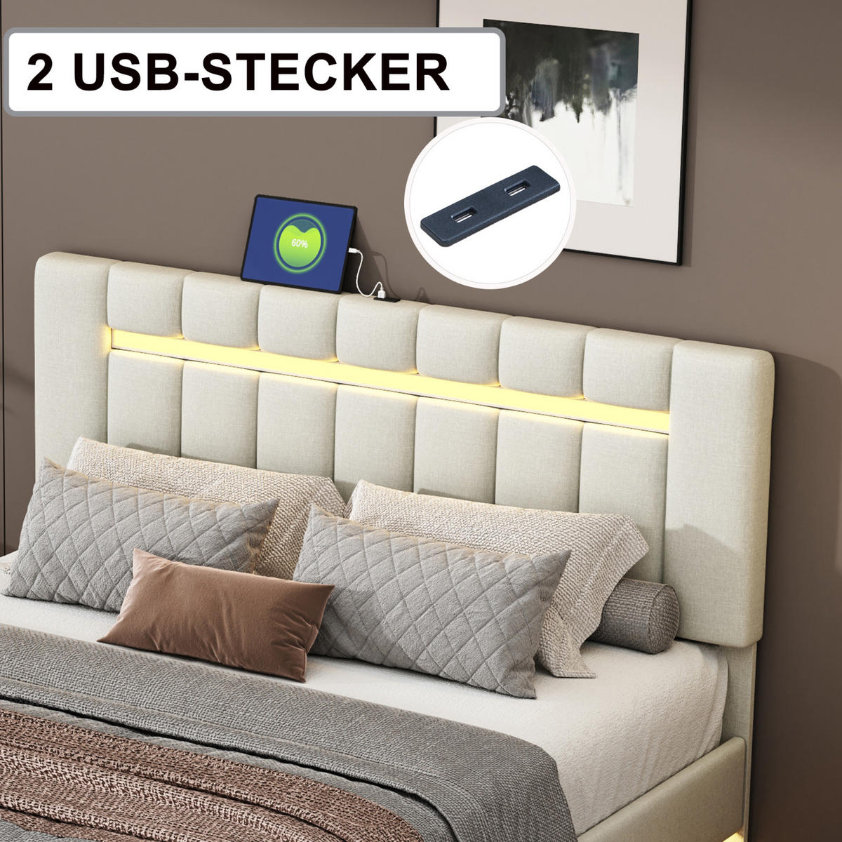 POLSTERBETT 160x200 cm Schwebebett mit LED, USB & Kopfteil, Leinen beige - Beige, Holz (160/200cm)