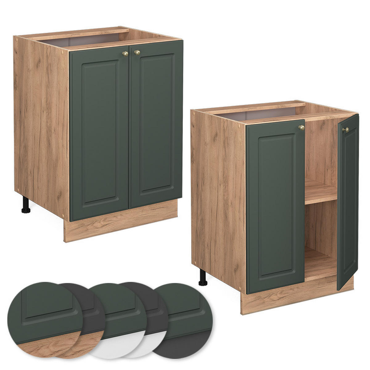KÜCHENUNTERSCHRANK Fame-Line Grün-Gold Landhaus 60 cm, AP Anthrazit - Eiche Wotan/Grün, Holzwerkstoff (60/82/60cm) - Vicco
