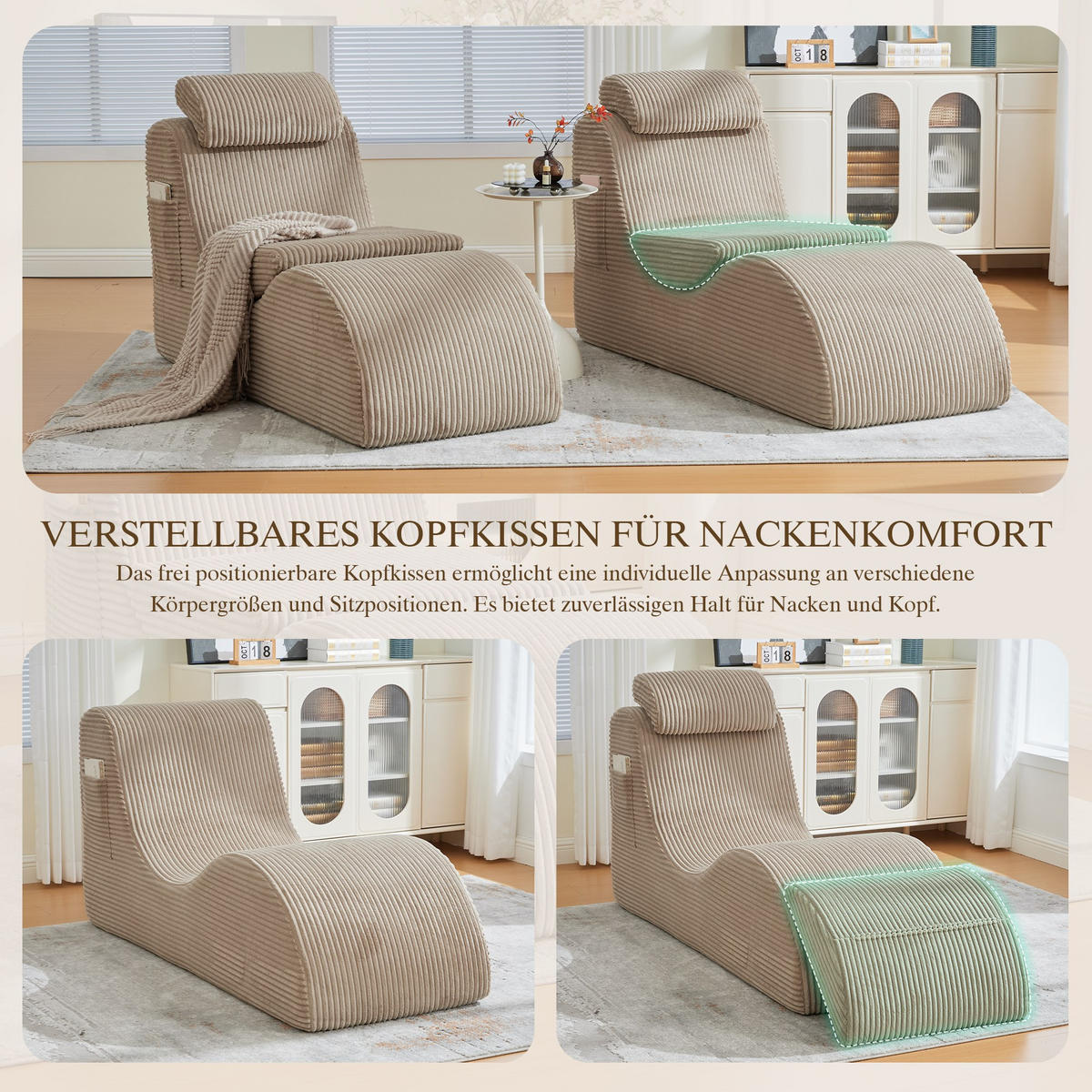 RELAXSESSEL Liege mit Kopfstütze,ergonomischem Design,Khaki - Braun, Textil (66/90/160cm) - LVHOM