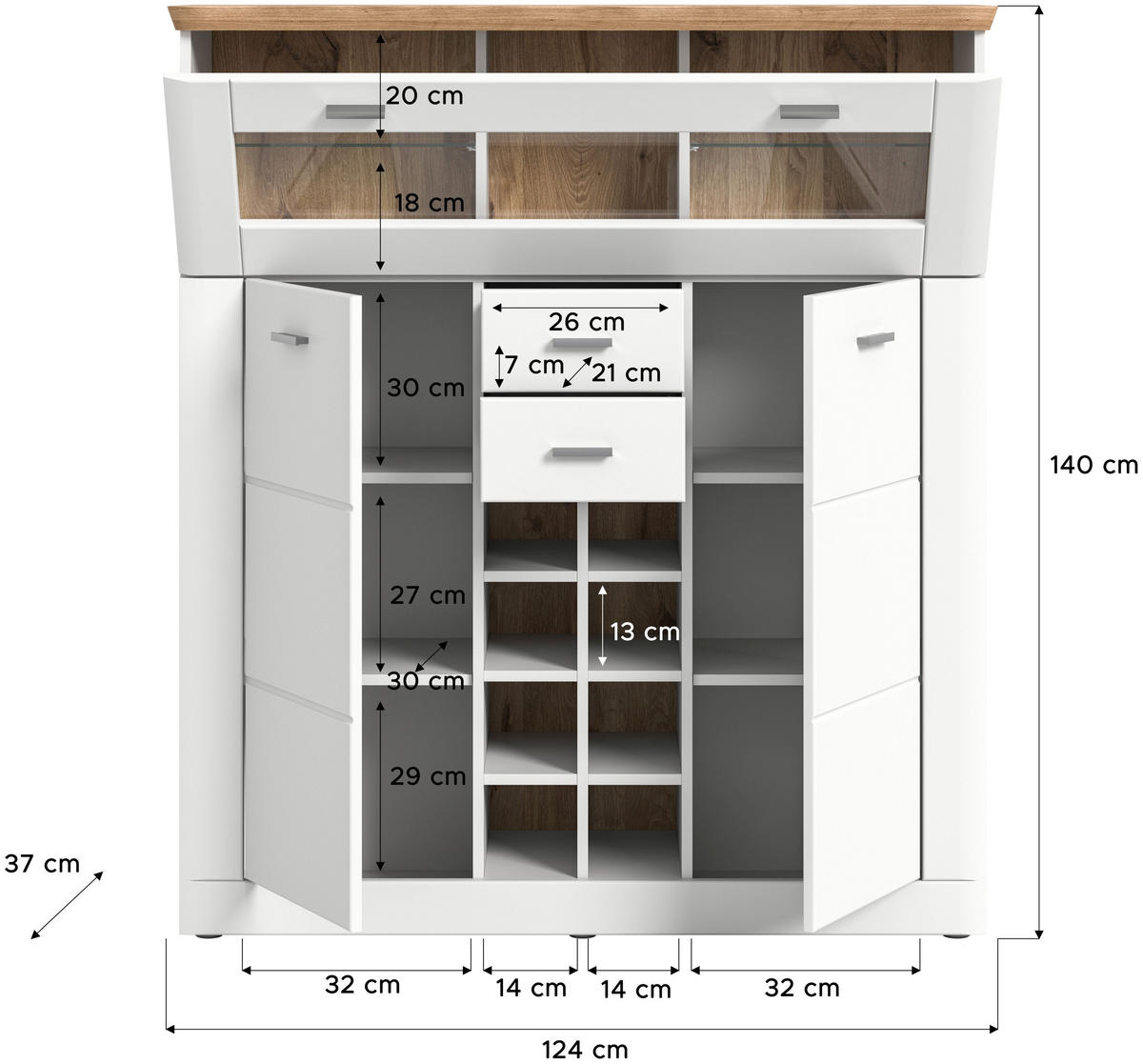 BARSCHRANK Aarhus weiß Nox Oak Nachbildung - Weiß, Holzwerkstoff (124/140/37cm) - Xonox