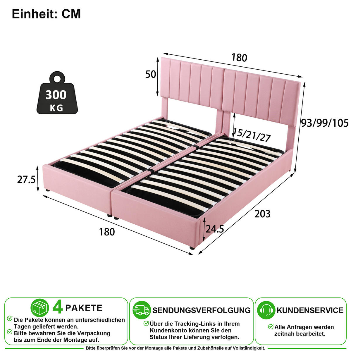 POLSTERBETT 180/200 cm in Rosa mit Bettkasten, Umbaufunktion und Verstellbarem Kopfteil Leinen - Rosa, Holzwerkstoff/Textil (180/200cm) - CHICFURN